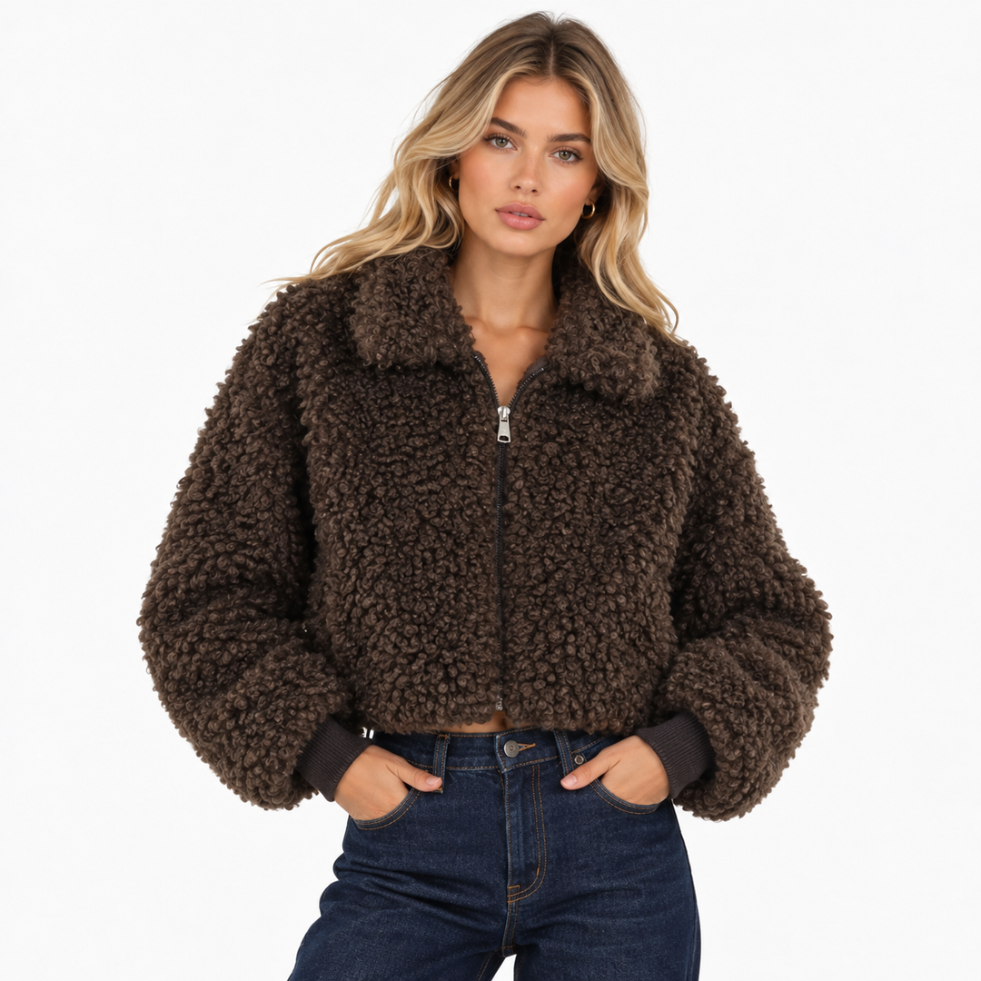 Curl | Chocolate Brown Cropped Teddy Sherpa Jacket