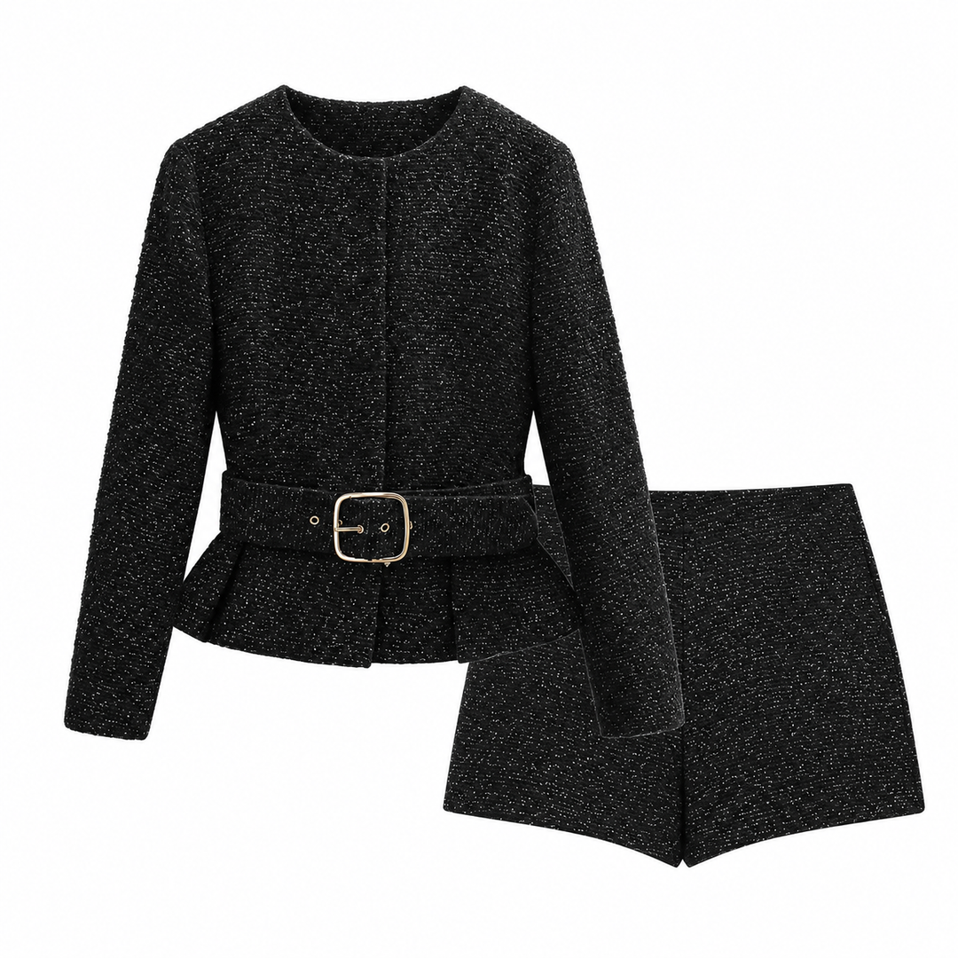 Print | Black Tweed Peplum Belted Blazer Shorts Set