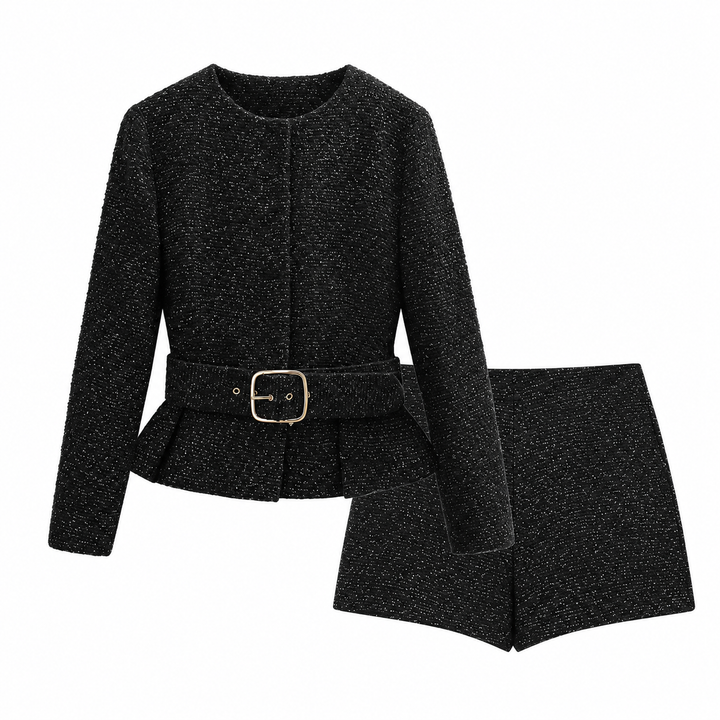 Print | Black Tweed Peplum Belted Blazer Shorts Set