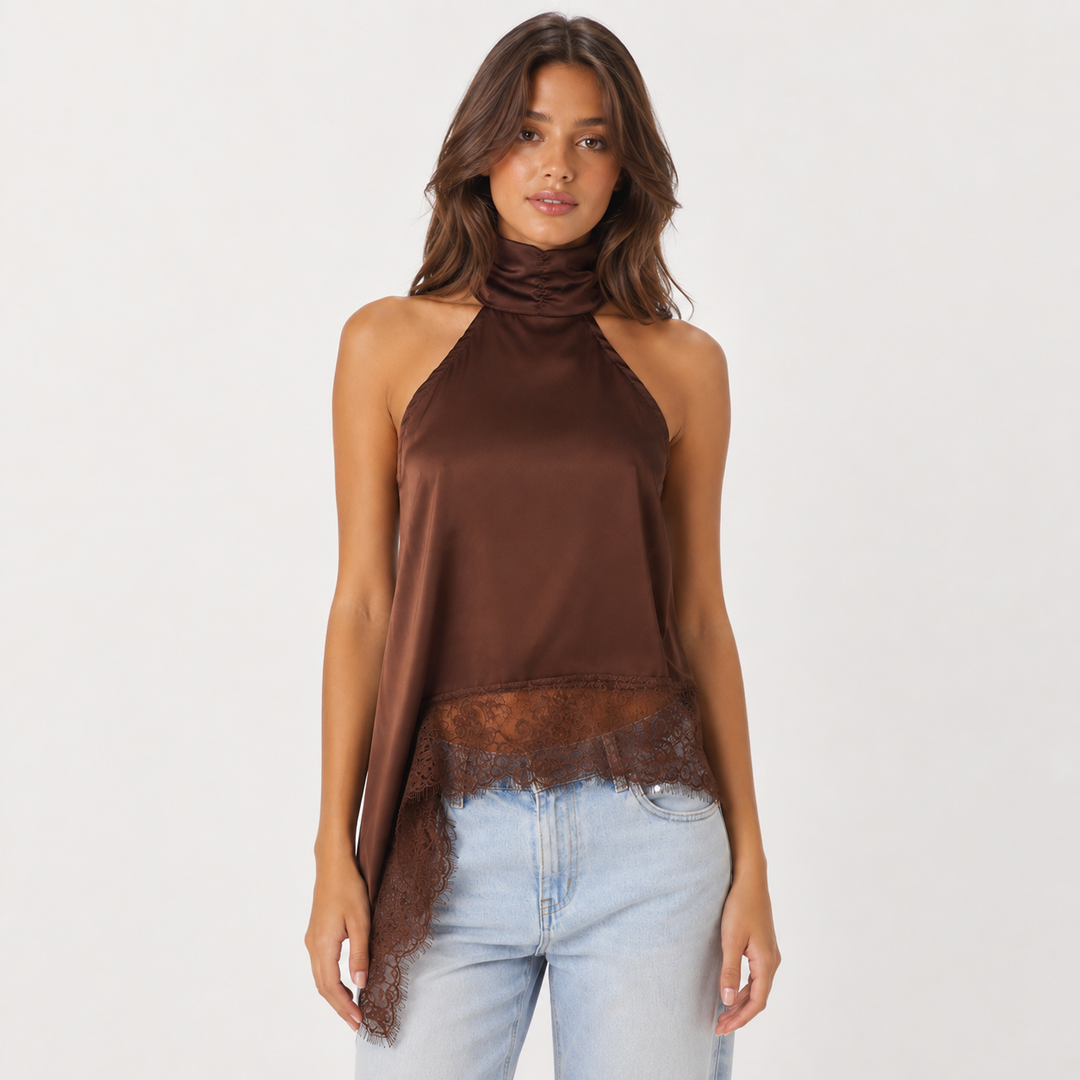 Slant | Halter Lace Trim Asymmetric Top