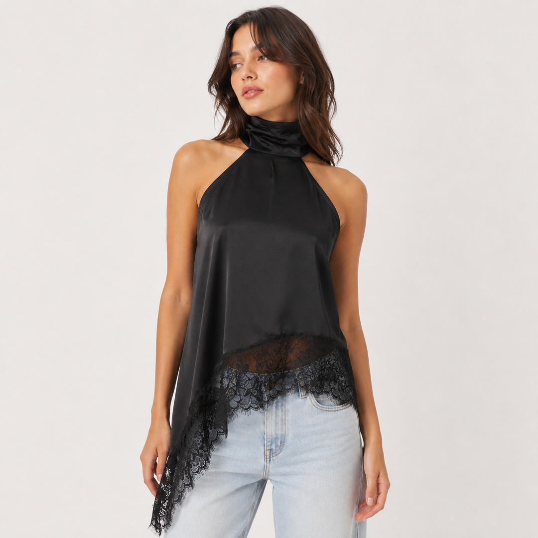 Slant | Halter Lace Trim Asymmetric Top