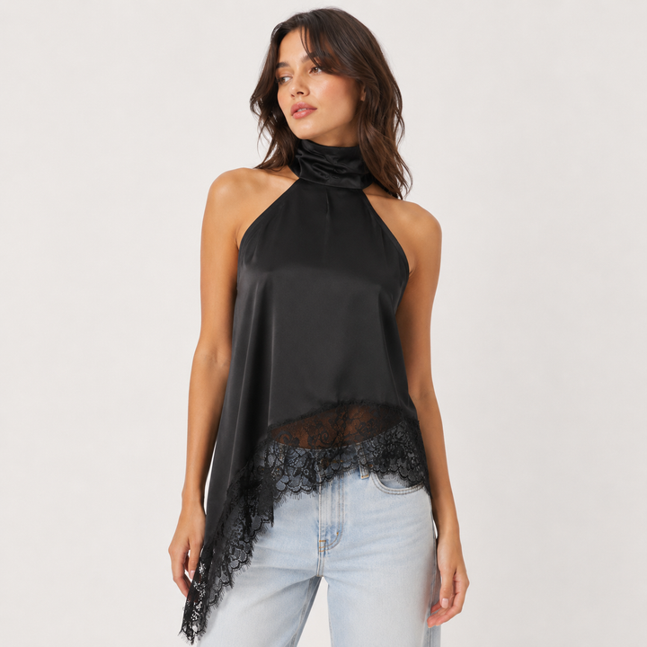 Slant | Halter Lace Trim Asymmetric Top