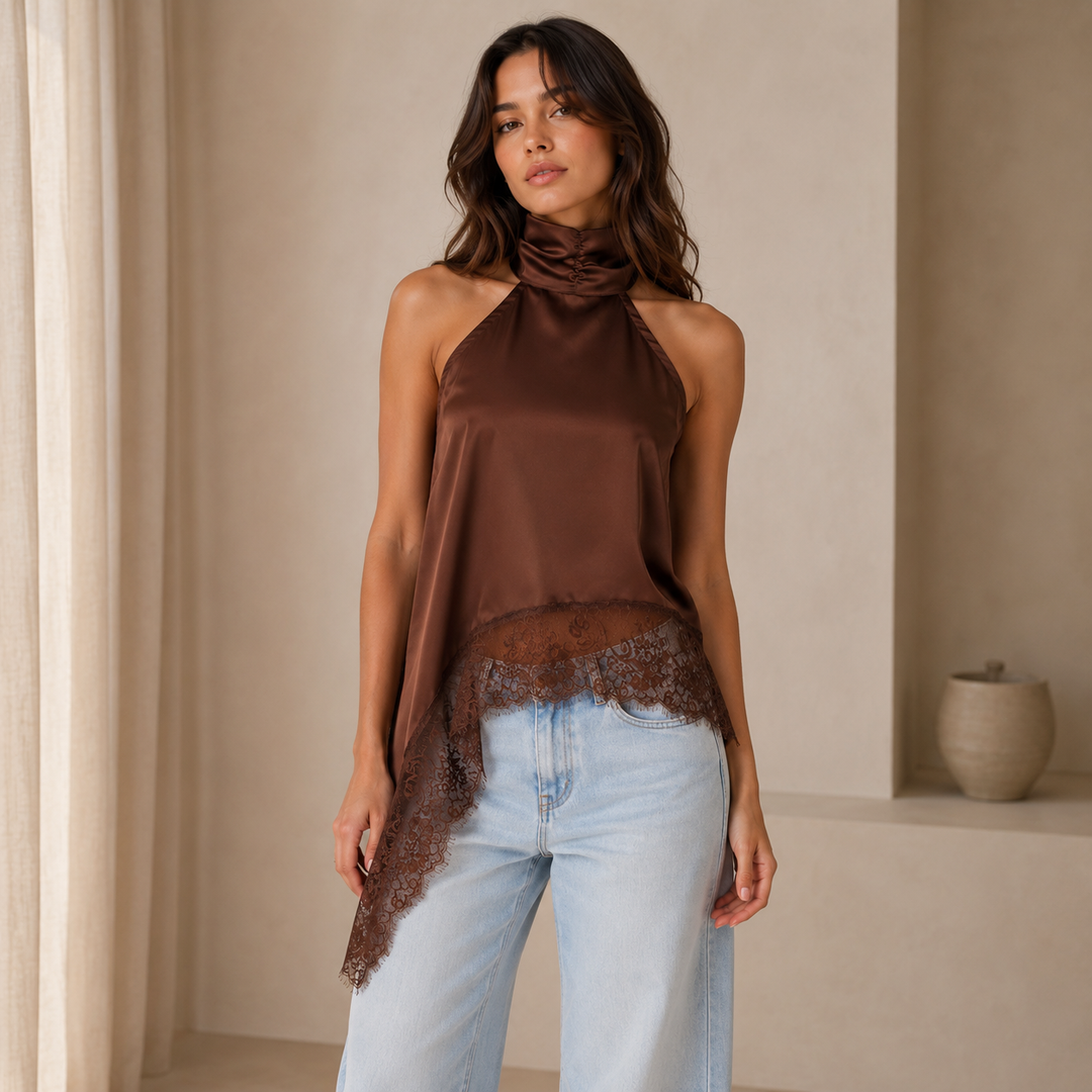 Slant | Halter Lace Trim Asymmetric Top