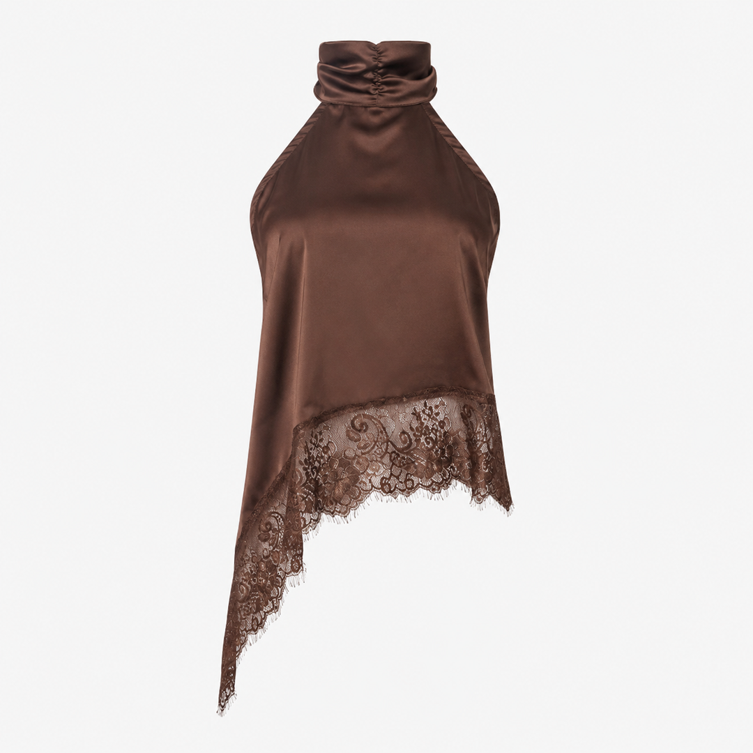 Slant | Halter Lace Trim Asymmetric Top