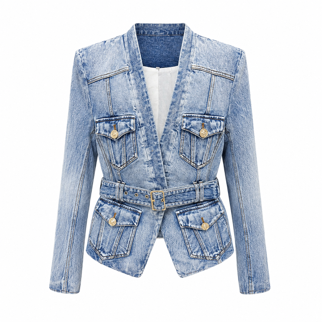 Risk | Denim Peplum Jacket with Belted Waist