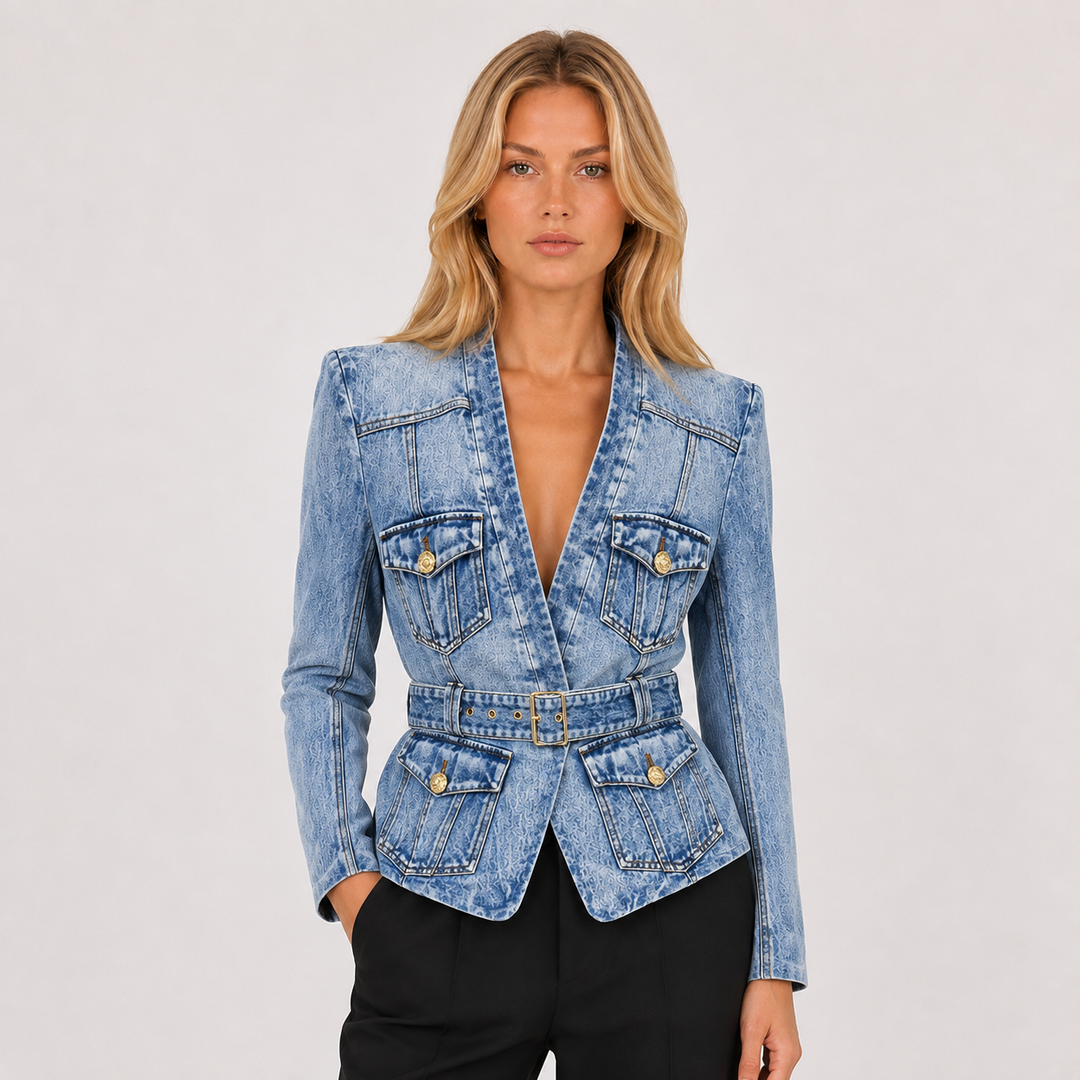 Risk | Denim Peplum Jacket with Belted Waist