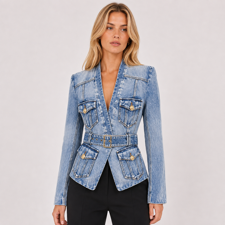 Risk | Denim Peplum Jacket with Belted Waist