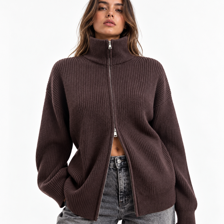 Nest | Chunky Ribbed Knit Funnel Neck Zip Up Cardigan