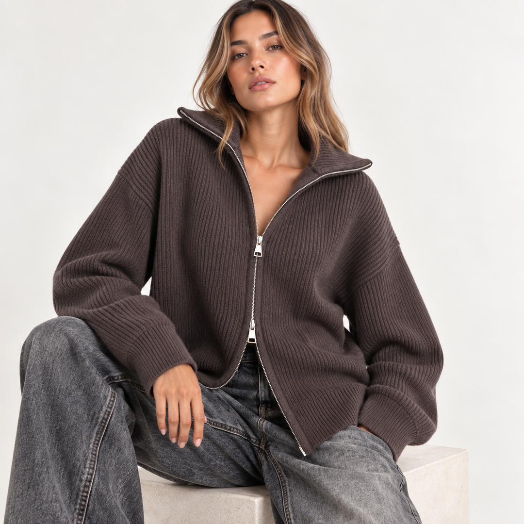 Nest | Chunky Ribbed Knit Funnel Neck Zip Up Cardigan