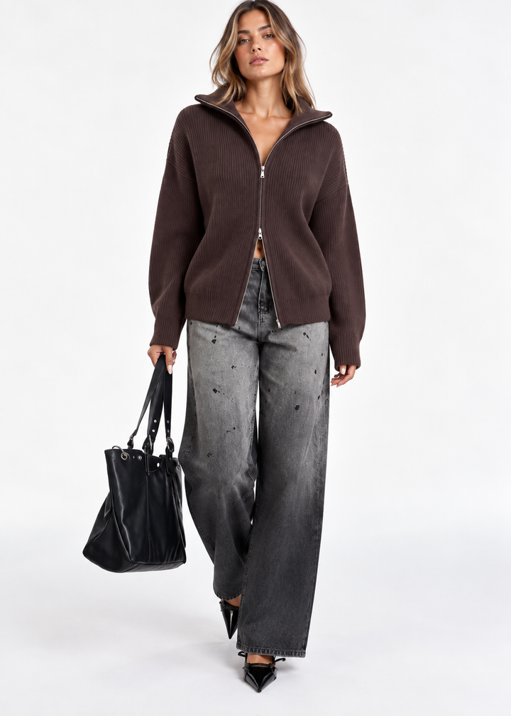 Nest | Chunky Ribbed Knit Funnel Neck Zip Up Cardigan