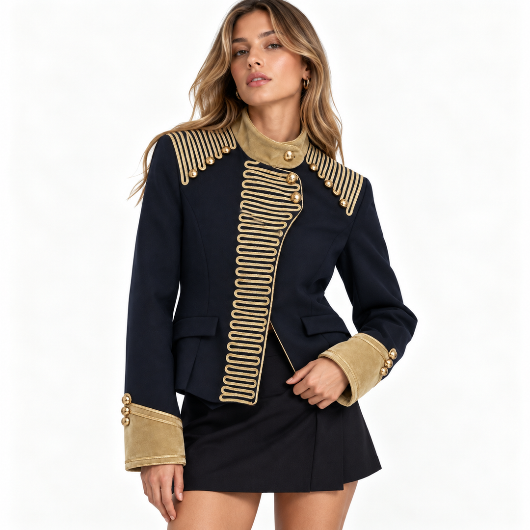 Tell | Navy Gold Trim Cropped Military Jacket