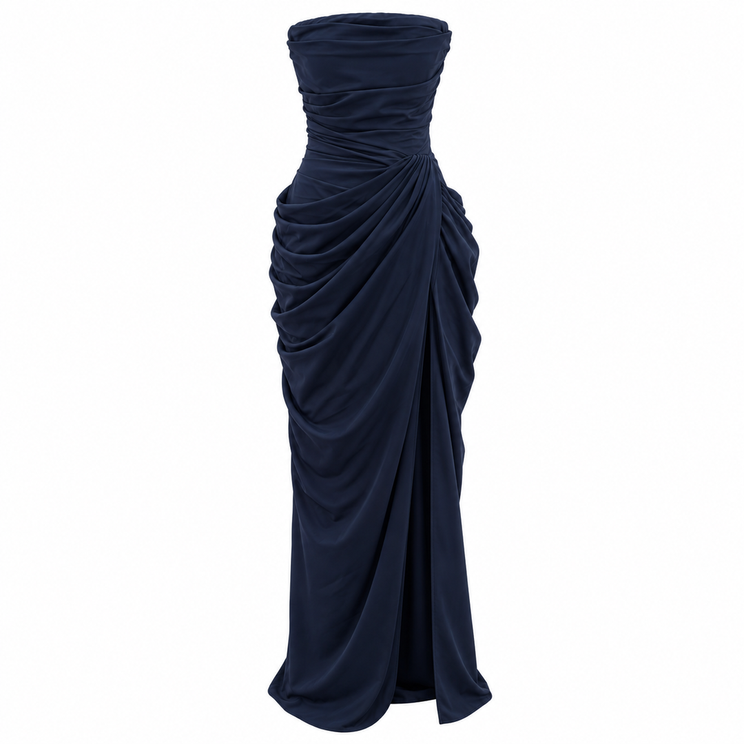 Ink | Navy Strapless Draped Slit Maxi Dress