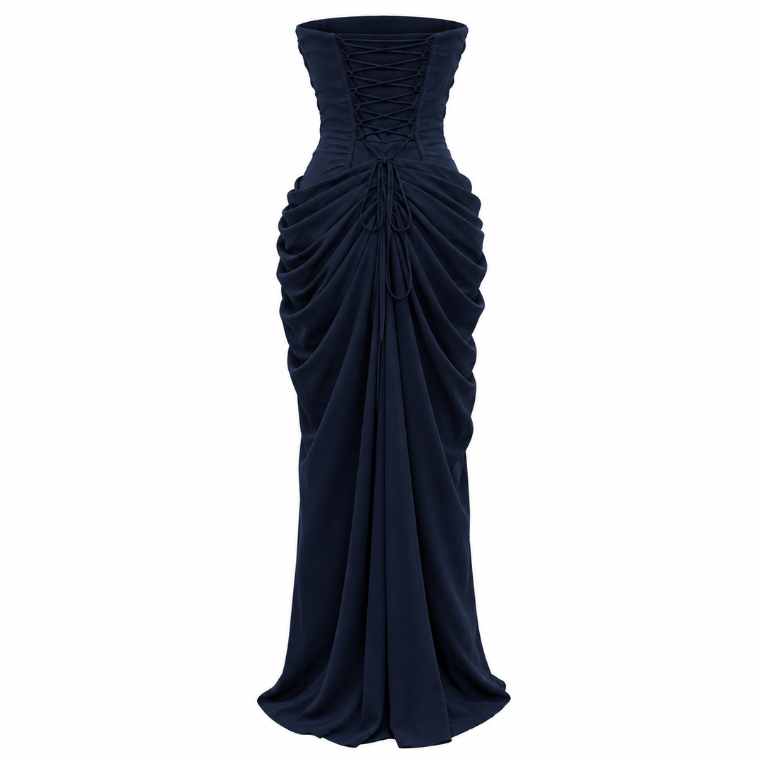 Ink | Navy Strapless Draped Slit Maxi Dress