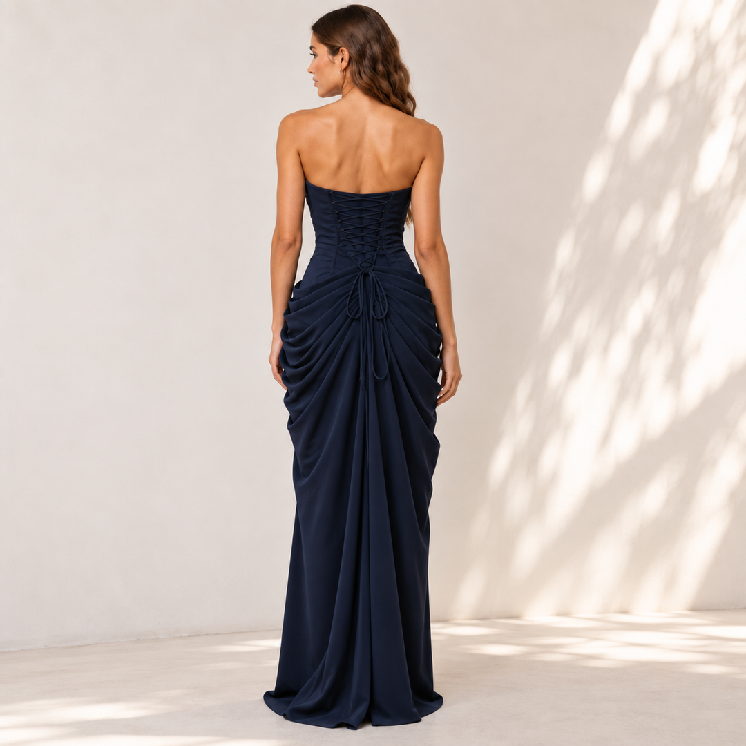 Ink | Navy Strapless Draped Slit Maxi Dress
