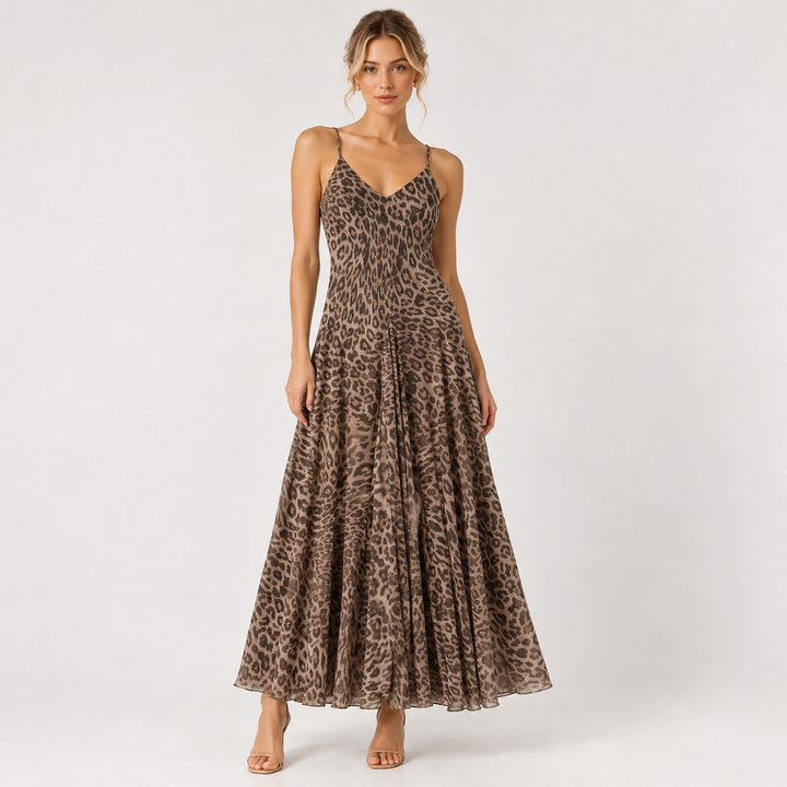 Leap | Leopard Print Mesh V Neck Slip Maxi Dress