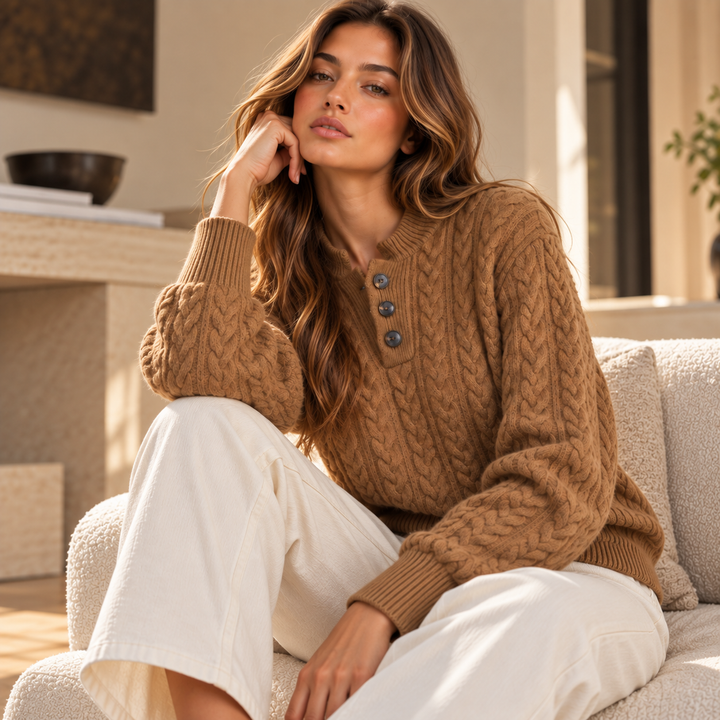 Snug | Camel Cable Knit Button Mock Neck Sweater