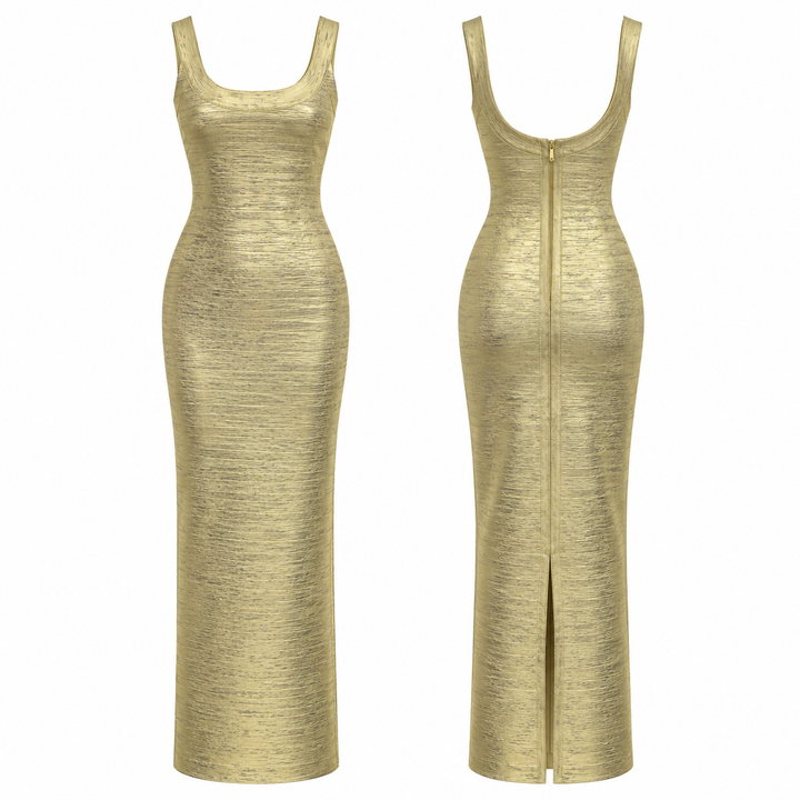Shine | Gold Metallic Bandage Bodycon Midi Dress