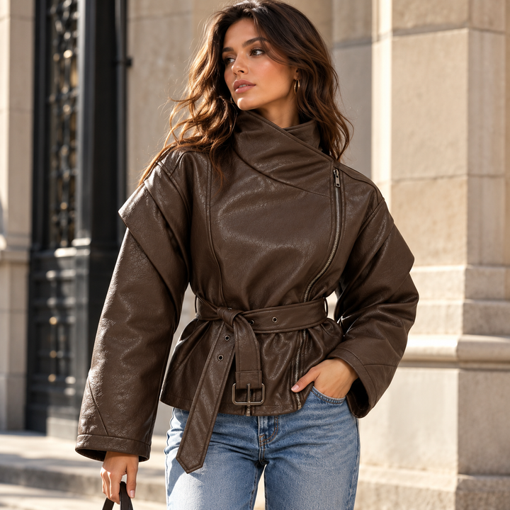Lift | Faux Leather Belted High Neck Moto Jacket