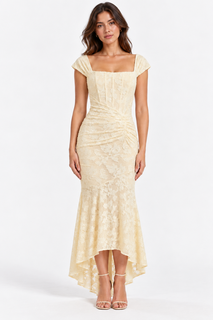 Faint | Cream Lace Square Neck Asymmetric Maxi Dress