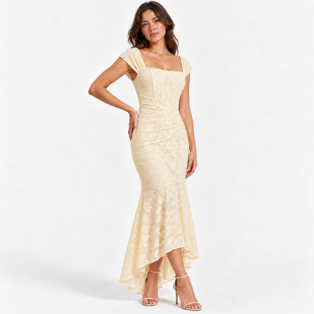 Faint | Cream Lace Square Neck Asymmetric Maxi Dress