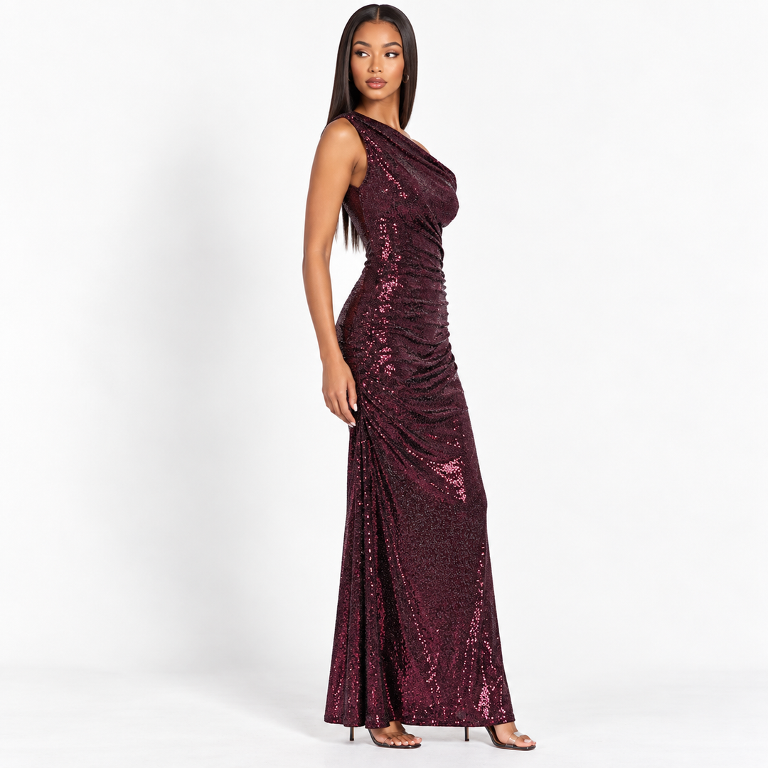 Left | Burgundy Sequin One Shoulder Ruched Maxi Dress
