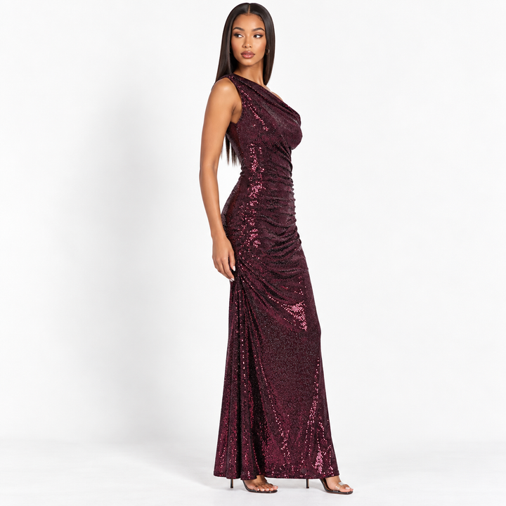 Left | Burgundy Sequin One Shoulder Ruched Maxi Dress