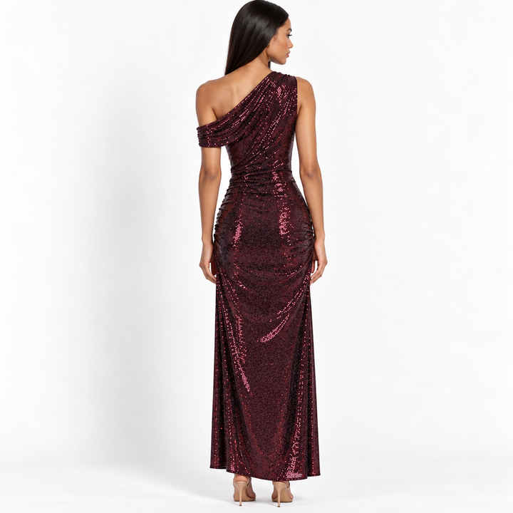 Left | Burgundy Sequin One Shoulder Ruched Maxi Dress