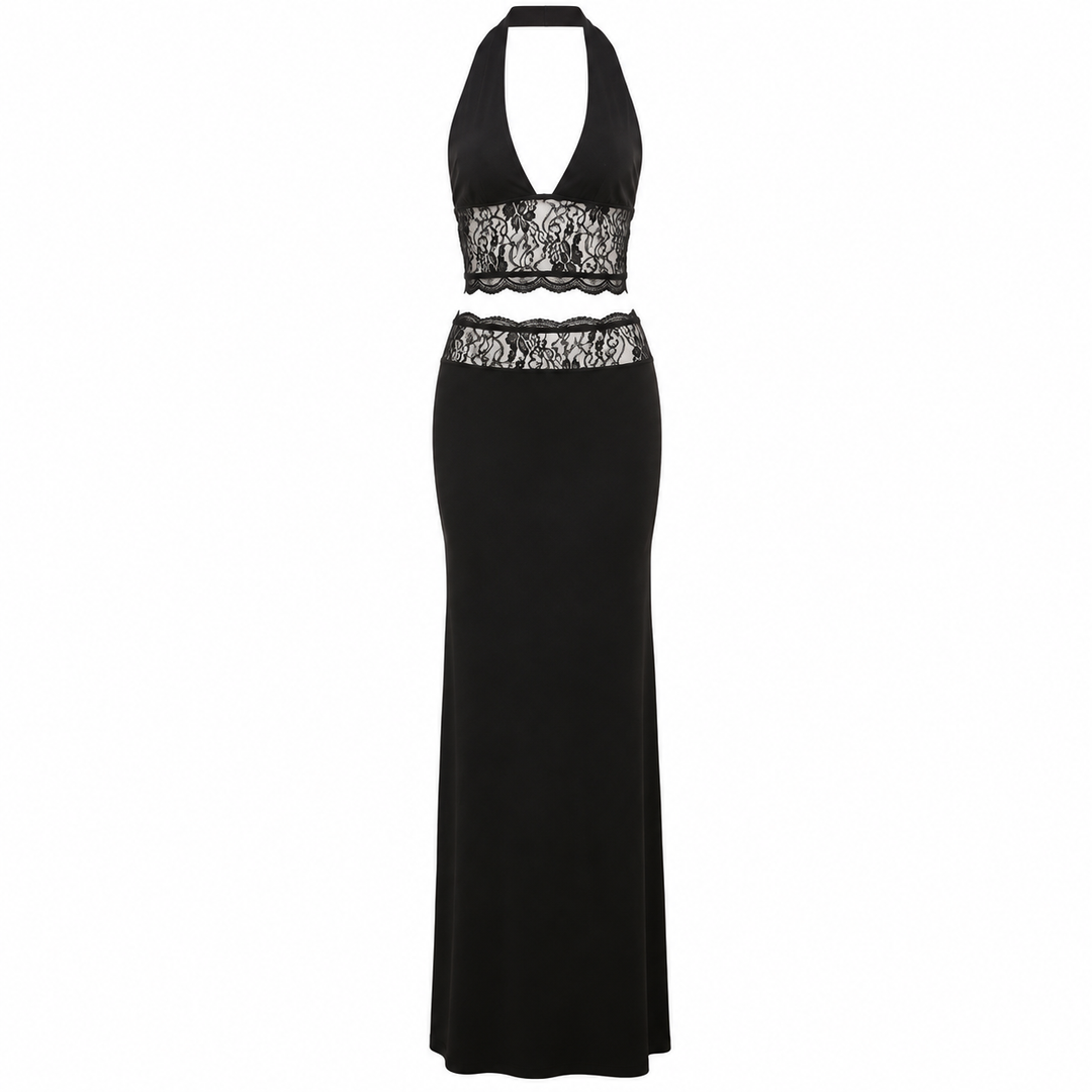Torn | Black Halter Lace Maxi Skirt Set
