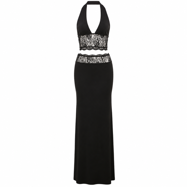 Torn | Black Halter Lace Maxi Skirt Set