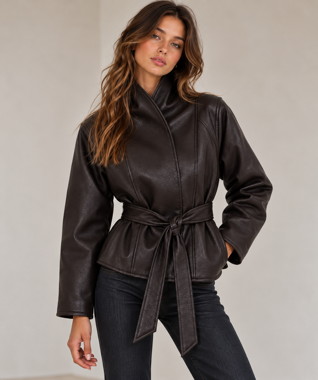 Vox | Faux Leather Belted Stand Collar Jacket