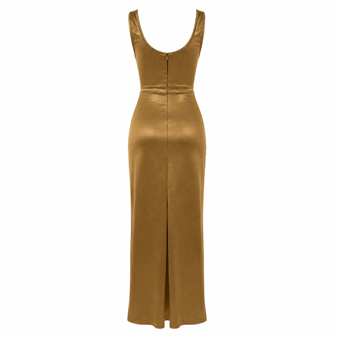 Gleam | Gold Satin Cowl Neck Draped Maxi Dress