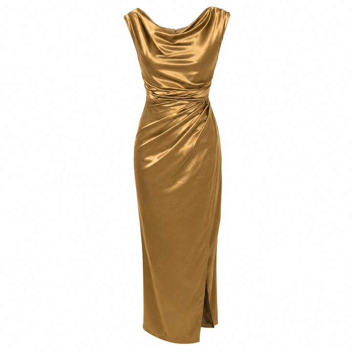 Gleam | Gold Satin Cowl Neck Draped Maxi Dress