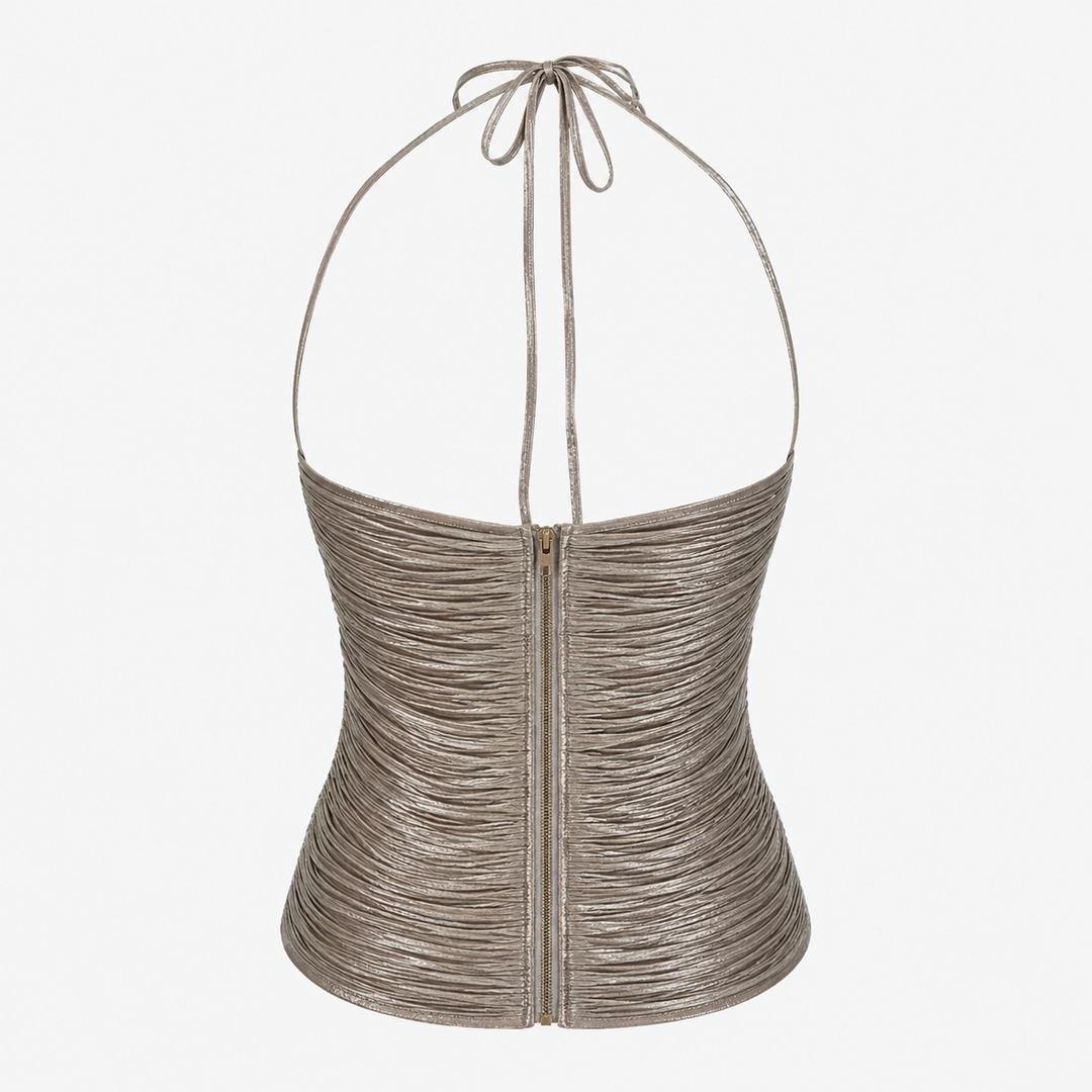 Tea | Beige Metallic Fringe Halter Top