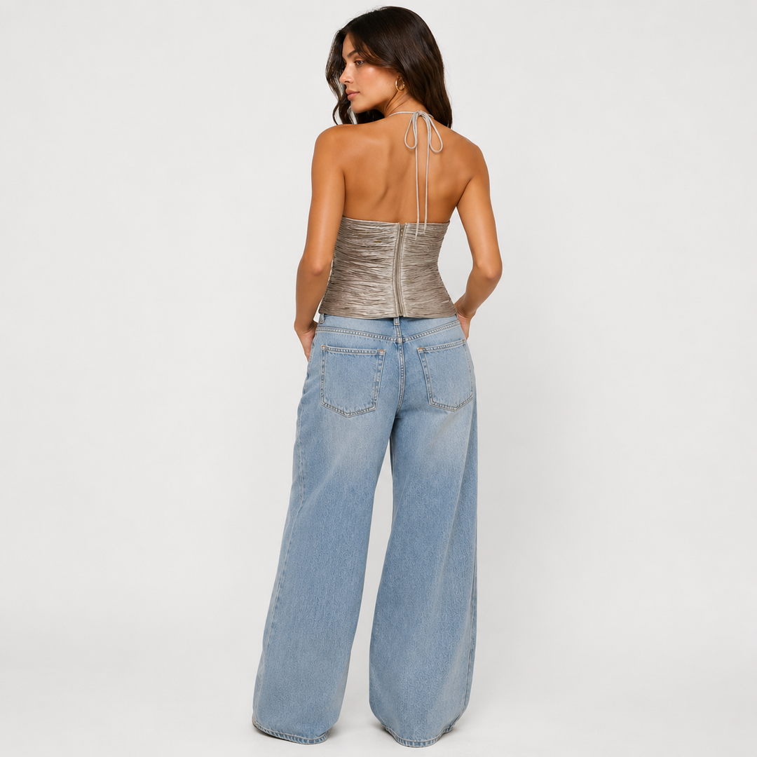 Tea | Beige Metallic Fringe Halter Top