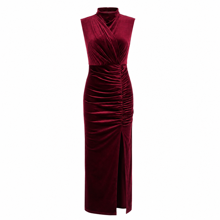 Nox | Burgundy Wine Velvet Ruched Wrap Maxi Dress