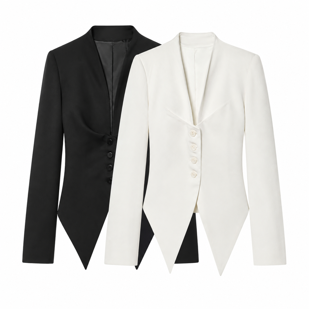 Link tuxedo peplum bow-back blazer top, flat lay black and white