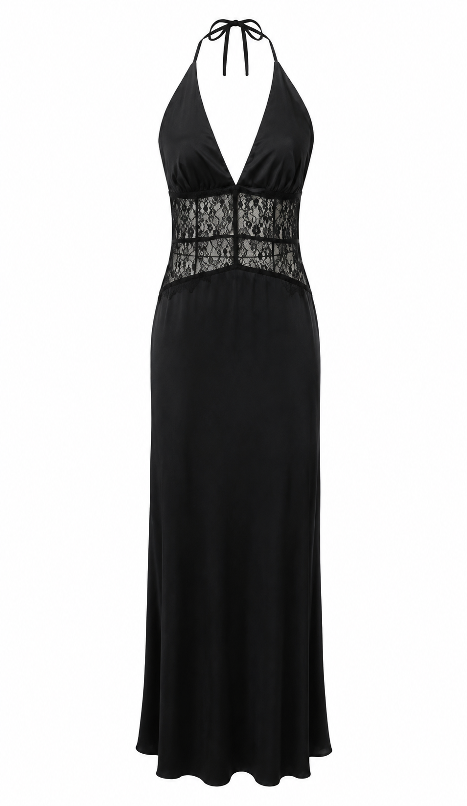 Smoke | Black Satin Halter Lace Maxi Dress