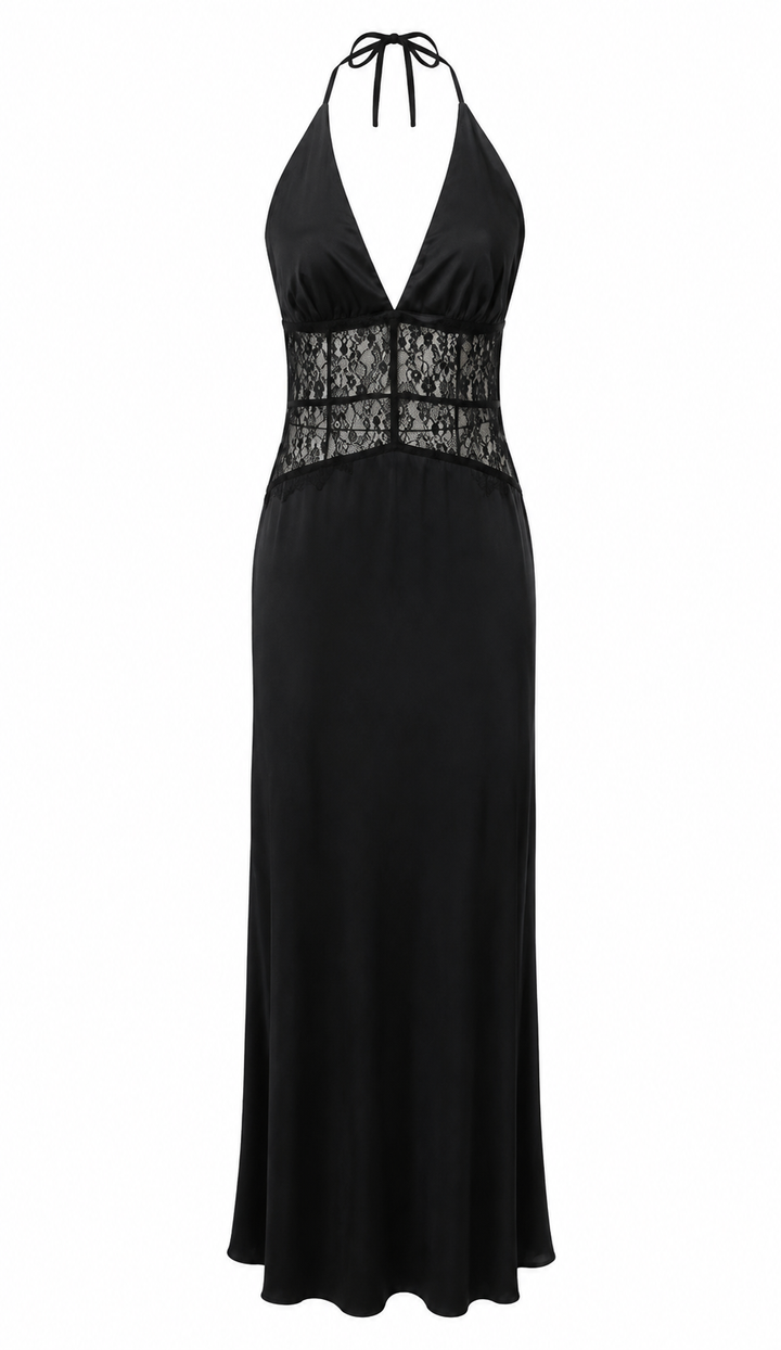 Smoke | Black Satin Halter Lace Maxi Dress