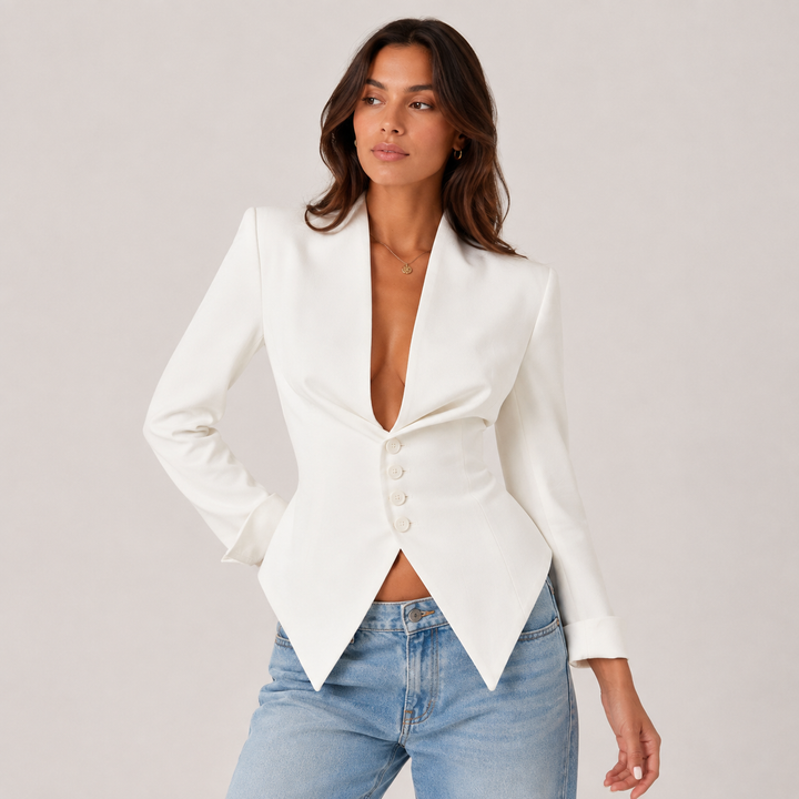 Link tuxedo peplum bow-back blazer top, white front