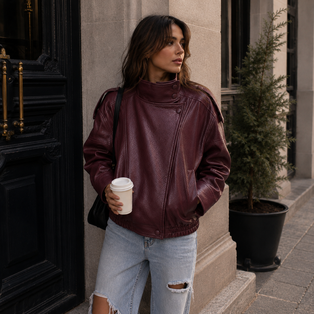 Step | Relaxed Zip Leather Bomber Jacket