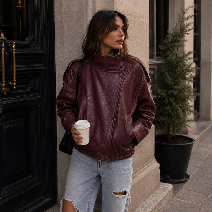 Step | Relaxed Zip Leather Bomber Jacket