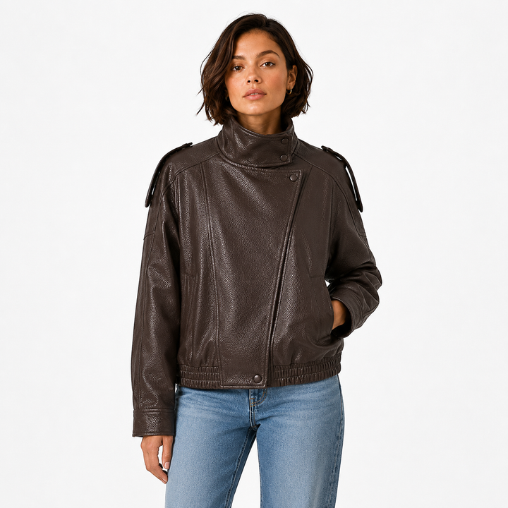 Step | Relaxed Zip Leather Bomber Jacket