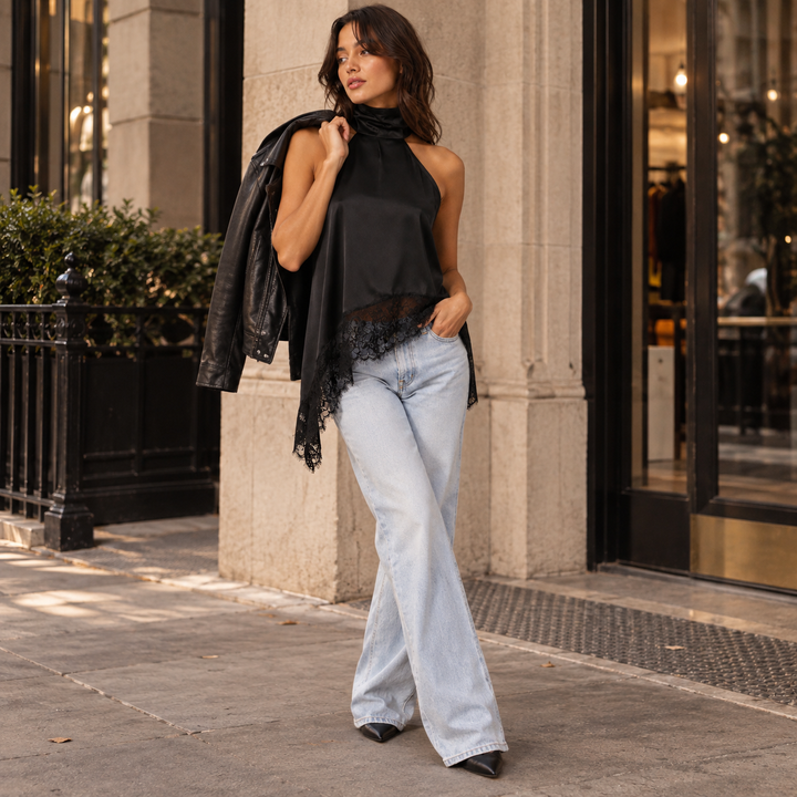 Slant | Halter Lace Trim Asymmetric Top