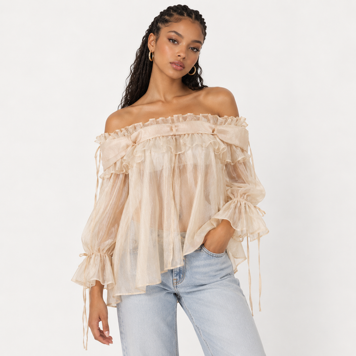 Linger | Champagne Off Shoulder Ruffle Blouse