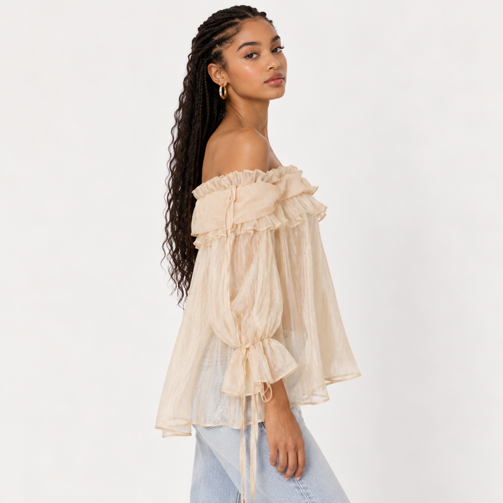 Linger | Champagne Off Shoulder Ruffle Blouse