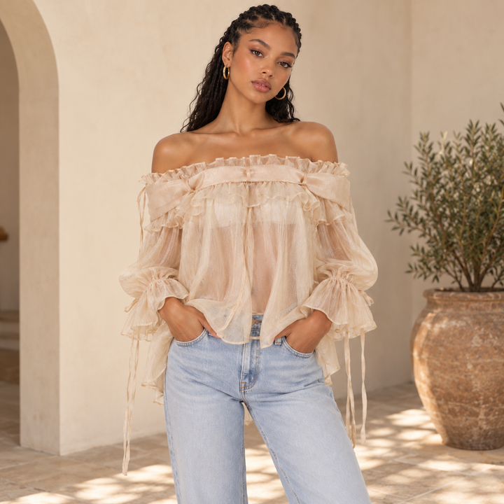 Linger | Champagne Off Shoulder Ruffle Blouse