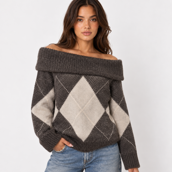 Twist | Brown Argyle Off Shoulder Sweater