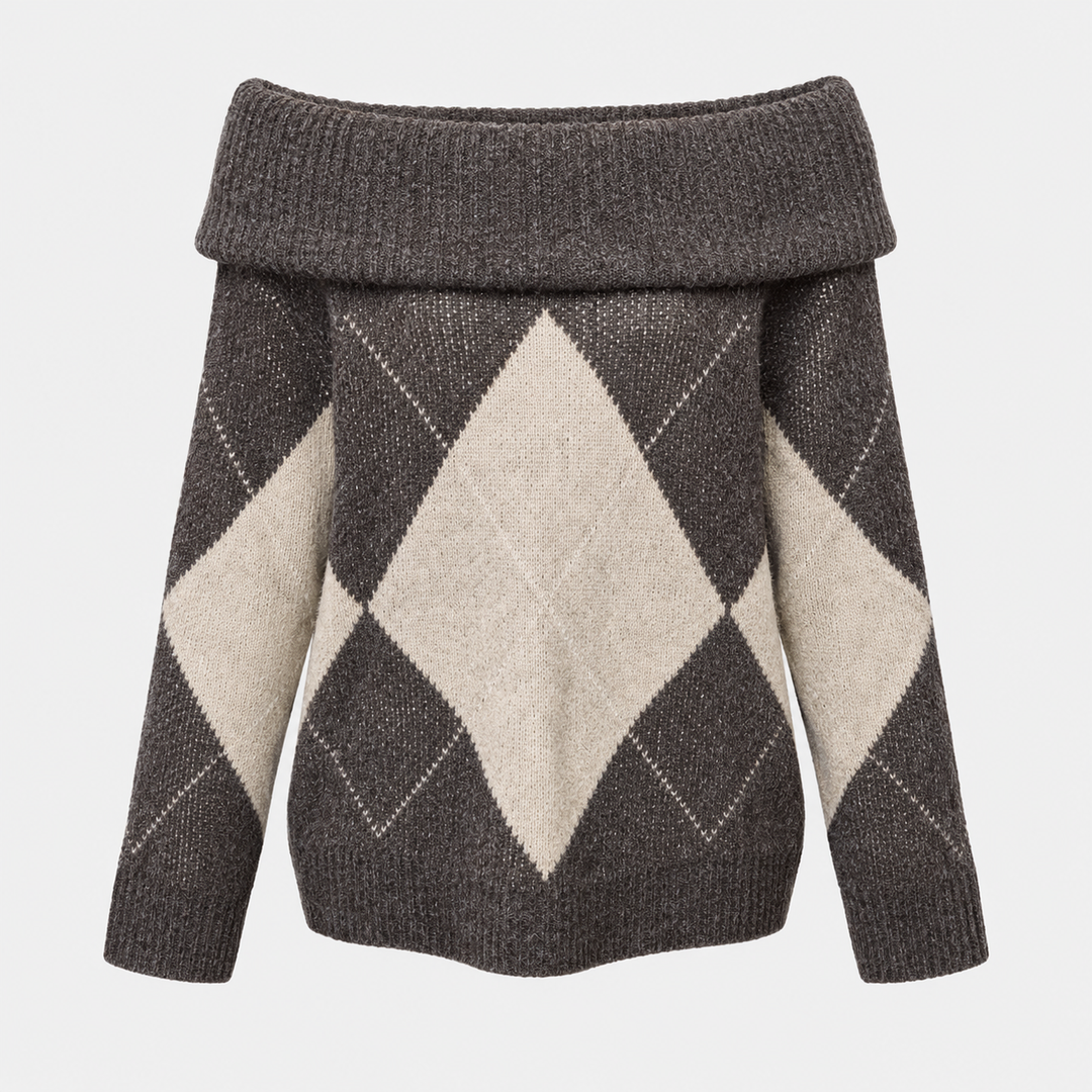 Twist | Brown Argyle Off Shoulder Sweater