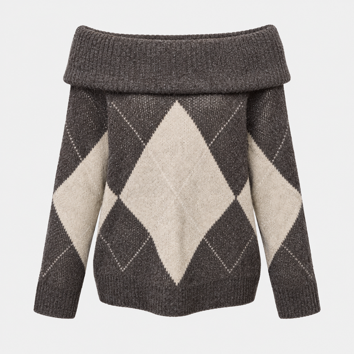 Twist | Brown Argyle Off Shoulder Sweater