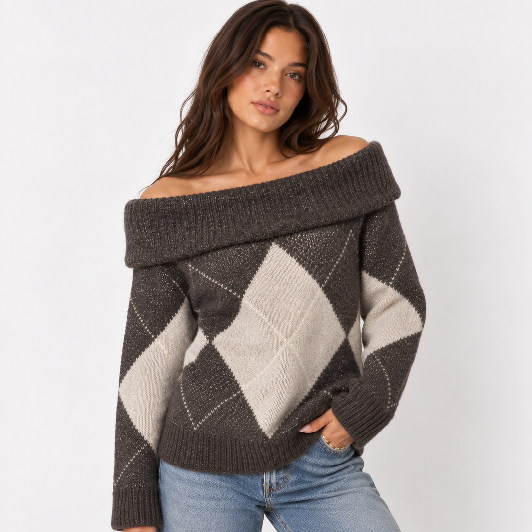 Twist | Brown Argyle Off Shoulder Sweater